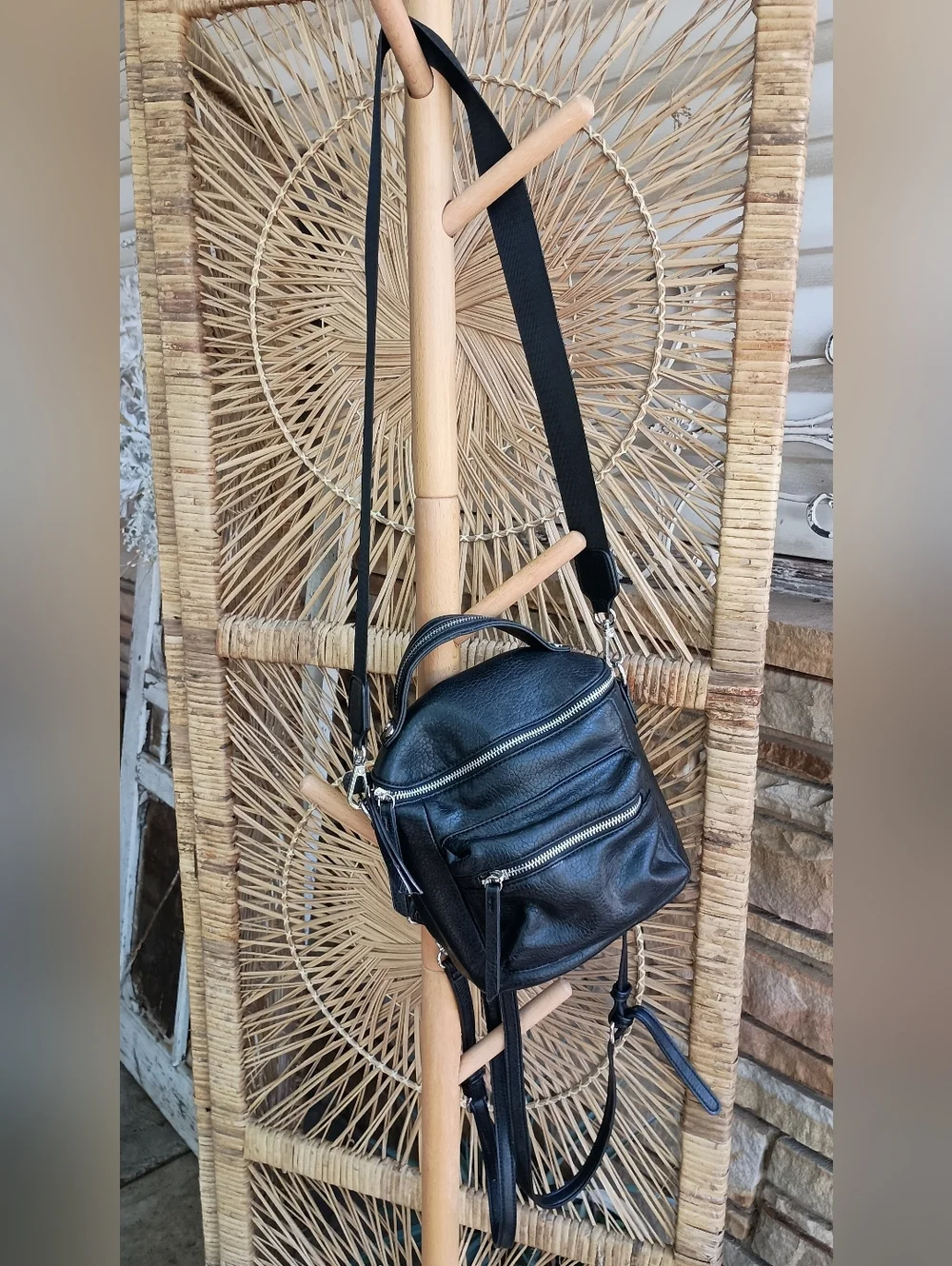 Urban Expressions Black Leather Mini Backpack Crossbody with Silver Zippers